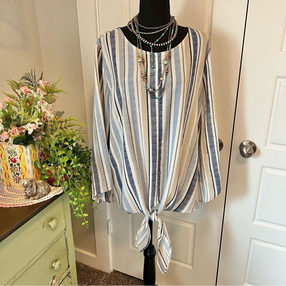 New Directions Blue Tan White Stripe Tie Front Blouse Sz XL Coastal Career‎
